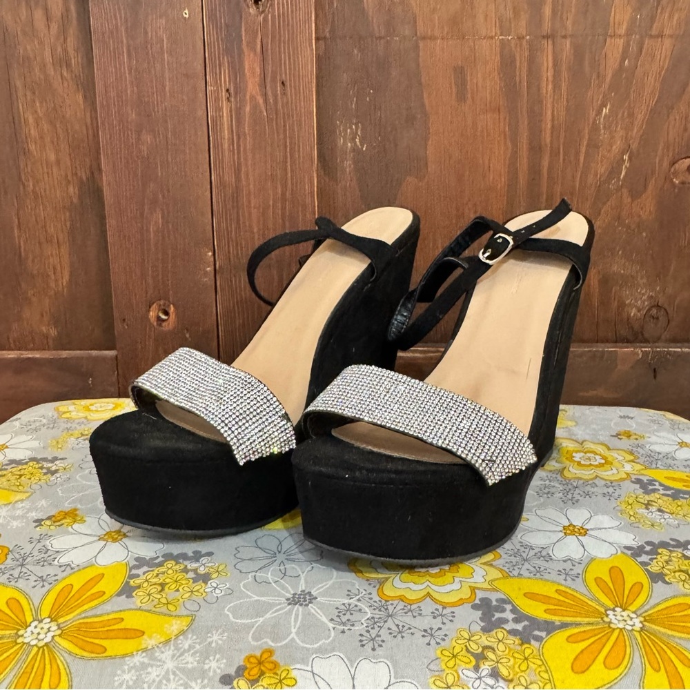 Wild Diva Black Platform Heels with Rhinestone Front Strap